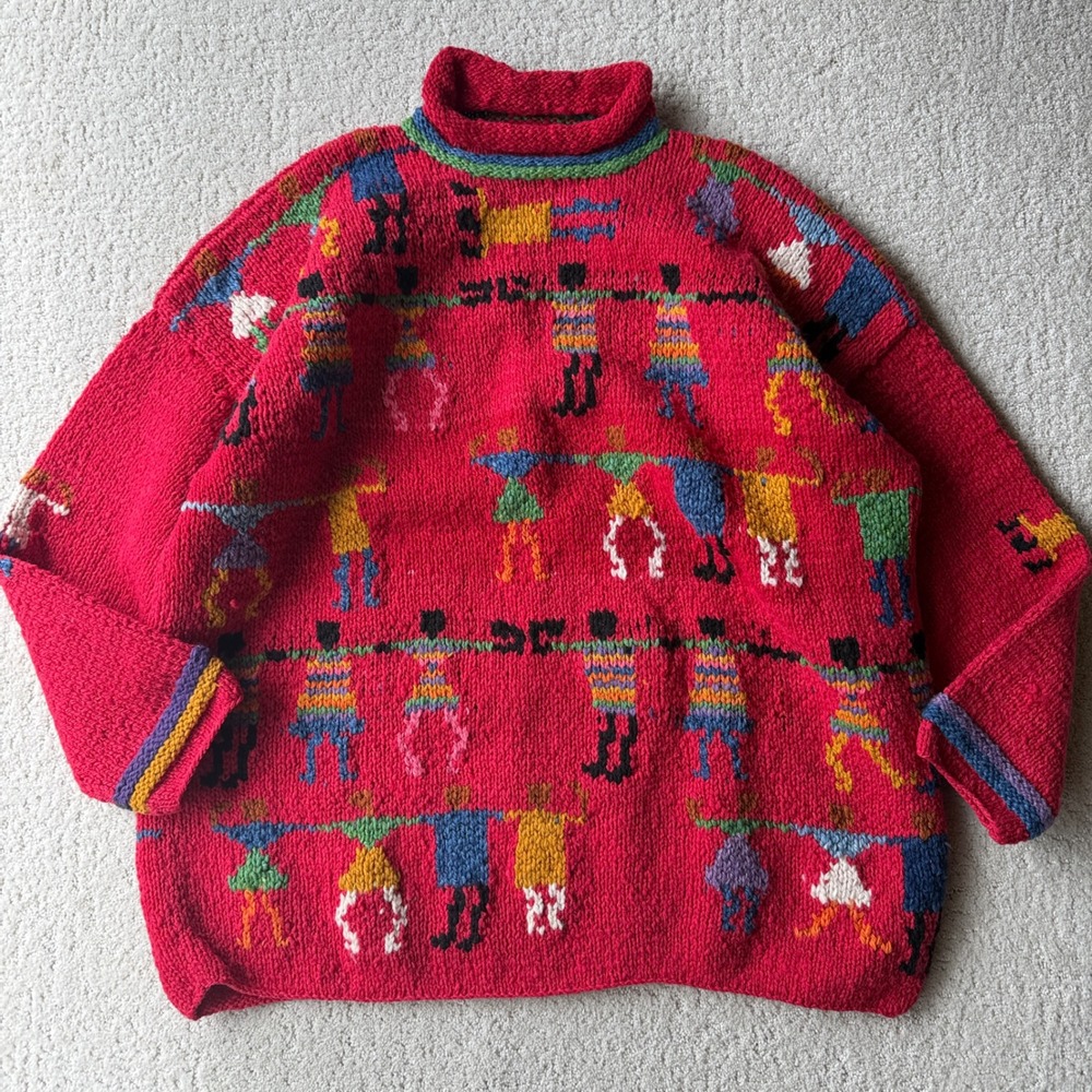 Vintage 90s Amano Sweater Red Wool Hand Knit People Intarsia Roll Neck Aztec AOP